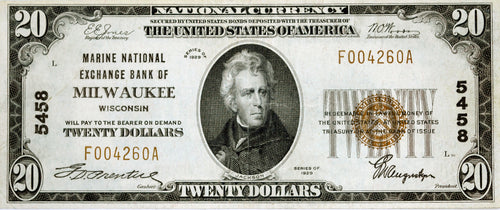 1929 $20 Marine National Exchange Bank, Milwaukee Wisconsin  CH. #5458 VF++