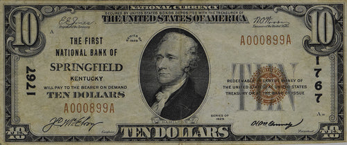 Series 1929 $10 First National Bank of Springfield, Kentucky CH# 1767 Uncertified VF+