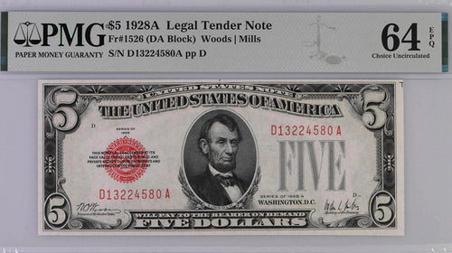 Series 1928A $5 Legal Tender Note PMG 64EPQ Choice Uncirculated Fr#1526