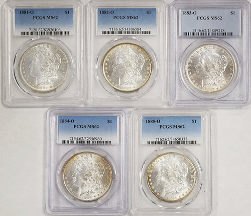 1881-O to 1885-O $1 Morgan PCGS MS62 Lot of 5 Coins