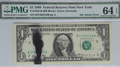 Series 1969 $1 Federal Reserve Note PMG MS64 EPQ FR#1903B Obverse Ink Smear Error