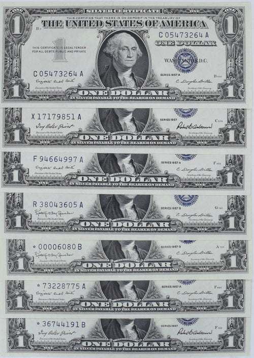 Series 1957 $1 Silver Certificates 1957, 1957A, 1957B & Star Notes 7 Gem Uncirculated Notes