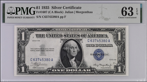 Series 1935 $1 Silver Certificate PMG 63EPQ Choice Uncirculated Fr#1607