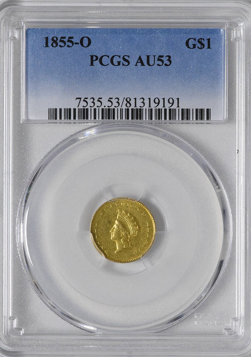 1855-O $1 Gold Liberty PCGS AU53