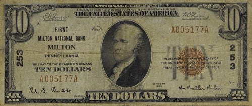 Series 1929 $10 First Milton National Bank Milton, Pennsylvania CH# 253 Uncertified VG/F