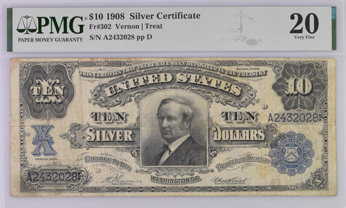 Series 1908 $10 Silver Certificate PMG VF20 Fr#302